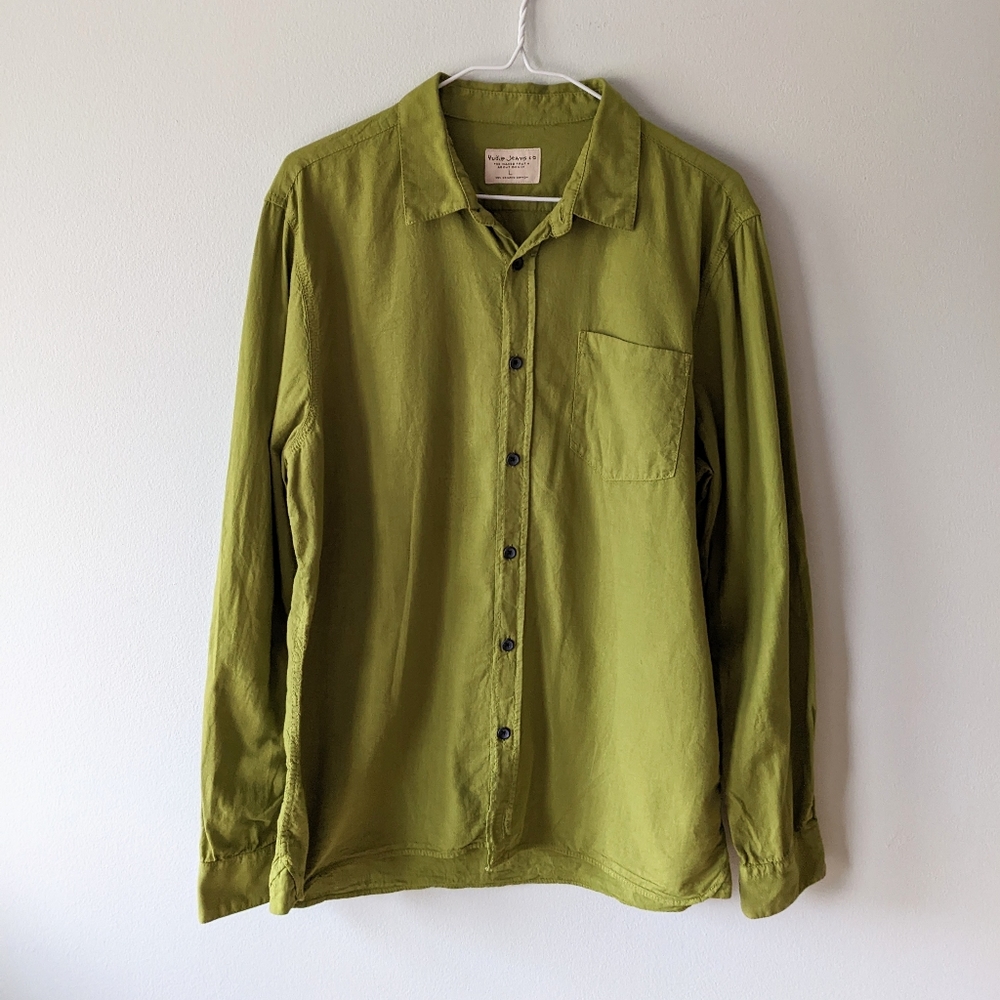 Nudie Jeans Men's Large Organic Cotton Mossy Green Long Sleeve Button Up Shirt